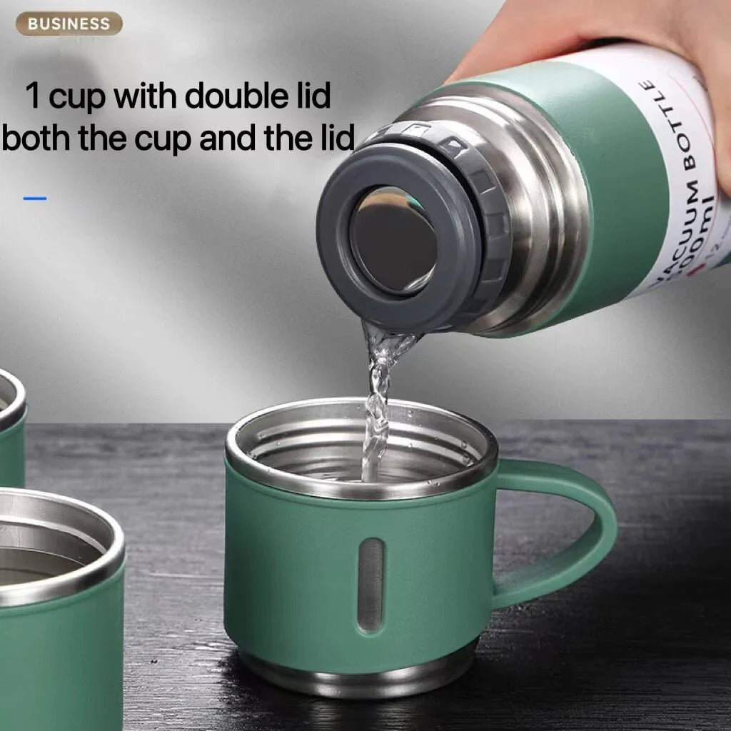 Stainless Steel Vacuum Flask Set – 500ml Insulated Bottle with 3 Cups