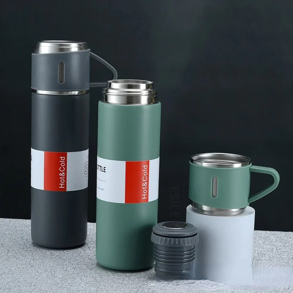 Stainless Steel Vacuum Flask Set – 500ml Insulated Bottle with 3 Cups