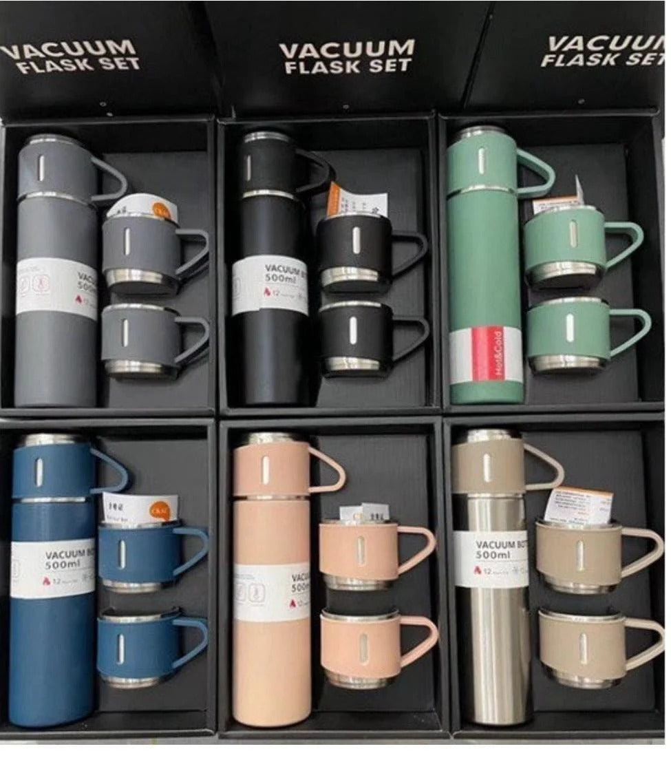 Stainless Steel Vacuum Flask Set – 500ml Insulated Bottle with 3 Cups